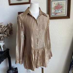 Magic Scarf Pleated Blouse Women OS Gold Excellent Metallic Peplum Button Up